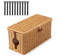 Handmade Cable Management Box - Imitation Rattan Cable Tidy Box with Lid Wooden Double Open Slot with Ties Cable Storage Box Dustproof Management Socket for Computer Router Hub Power Strip