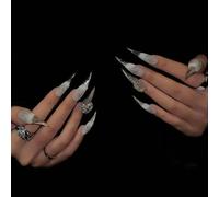 Handmade Cat Claw Press on Nails Long Stiletto Transparent White Snowflake Pattern with Rhinestones Dragon Eagle Claw False Nails with Designs Glossy Thick Acrylic Glue on Nail (M)