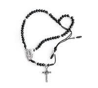 Handmade Catholic Rosary Bracelet Handmade Embroidered Black Beads Murano Stone, Wristband Silver Tone Crucifix and Holy Family Medal, Spiritual Faith Denarious by Zaraleas