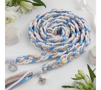 Handmade Celtic Wedding Handfasting Cord - Blue Ribbon Braided Ceremony Rope - Double Electroplated Pendants - Heirloom Keepsake in Gift Box