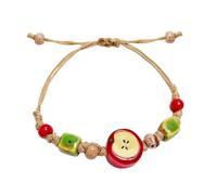 Handmade Ceramic Apple Charm Bracelet, Woven Rope String Wristband with Red Fruit Porcelain Beads, Adjustable Artisan Jewelry for Women, Nature-Inspired Accessory, Unique Teacher Appreciation Gifts, 1