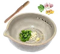 Handmade Ceramic Garlic Grater & Herb Stripper Bowl, 2-in-1 Kitchen Tool with 5 Different Hole Sizes, Pottery Herb Stem Remover, Reduces Mess