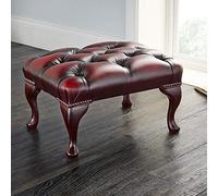 Handmade Chesterfield Footstool - Antique Oxblood Red - Genuine Leather with Queen Anne Mahogany Legs - Large Luxury Upholstered Footstool - British Classic Design