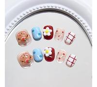 Handmade Children's Press On Nails Short MouyouGlow, Children Cute Kawaii Anime 3D Flowers Bear Polka Dot Y2K Fake Nails with Nail Glue Sticker, Kids Acrylic Artificial Children's Fingernails CH12