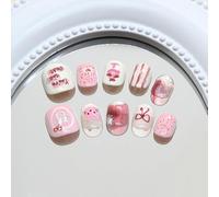 Handmade Children's Press On Nails Short MouyouGlow, Children French Cute Kawaii Anime Bunny Pastry Bow Fake Nails with Nail Glue Sticker, Kids Acrylic Artificial Children's Fingernails CH15