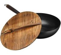 Handmade Chinese Iron Frying Pan, Non-Stick Kitchen Wok with Wooden Lid, Durable Cookware for Healthy Cooking
