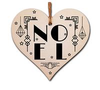 Handmade Christmas Hanging Wooden Heart Plaque Decoration Gift NOEL Art Deco style bauble to hang on the Xmas tree or as a gift tag