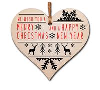 Handmade Christmas Hanging Wooden Heart Plaque Decoration Gift or Tag to wish someone special a merry xmas Stag and Snowflake monochrome design festive bauble