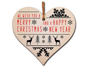 Handmade Christmas Hanging Wooden Heart Plaque Decoration Gift or Tag to wish someone special a merry xmas Stag and Snowflake monochrome design festive bauble