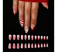Handmade Christmas Press On Nails 24Pcs Medium Almond, Festive Snowflake & Santa Designs, Reusable Xmas Fake Nails for Women & Girls