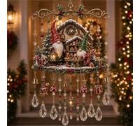 Handmade Christmas Stained Glass Window Decorative Hanging Ornaments Hummingbird Crystal Wind Chime Vintage Home Garden Entryway Fall Winter Decor Gifts(Christmas gnome,Large)