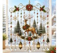 Handmade Christmas Stained Glass Window Decorative Hanging Ornaments Hummingbird Crystal Wind Chime Vintage Home Garden Entryway Fall Winter Decor Gifts(Reindeer A,Small)