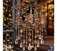 Handmade Christmas Stained Glass Window Decorative Hanging Ornaments Hummingbird Crystal Wind Chime Vintage Home Garden Entryway Fall Winter Decor Gifts(Reindeer B,Large)