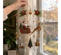 Handmade Christmas Stained Glass Window Decorative Hanging Ornaments Hummingbird Crystal Wind Chime Vintage Home Garden Entryway Fall Winter Decor Gifts(Santa Claus Sled A,Large)