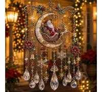 Handmade Christmas Stained Glass Window Decorative Hanging Ornaments Hummingbird Crystal Wind Chime Vintage Home Garden Entryway Fall Winter Decor Gifts(Santa Claus Sled B,Large)