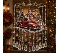 Handmade Christmas Stained Glass Window Decorative Hanging Ornaments Hummingbird Crystal Wind Chime Vintage Home Garden Entryway Fall Winter Decor Gifts(Christmas truck,Small)