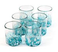 Handmade con Amor - 12 oz Hand Blown Mexican Drinking Glasses - Set of 6 tumblers, 11-13 fl oz each, Ocean Blue Confetti