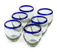 Handmade con Amor - 9 oz Hand Blown Mexican Drinking Glasses - Set of 6, 9 fl oz each, Cobalt-Blue Rim