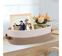 Handmade Cotton Rope Storage Basket with Leather Handles - Nordic Style for Home, Toys Nursery Decor, Skin Care & Desktop Organizer, Small Basket for Storage, Bathroom, Nursery (Beige -White)