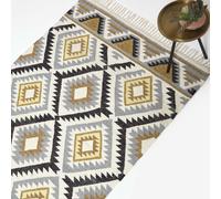 (160 x 230 cm) Agra Handwoven Ochre Gold, Silver Grey and Black Diamond Pattern Kilim Wool Rug