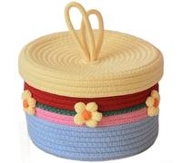 Handmade Cotton Woven Storage Basket with Lid/Cute Snack Box for Home Decor/Organizing Small Items/Thoughtful Gift/Yellow Blue Red/ 22x14cm(A)