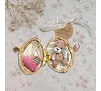 Handmade Crochet Animal in Walnut Shell,Mini Bunny and Bear Hug Gifts,Mini Crochet Bunny and Bear with Knitted Love Heart,Cute Rabbit in Walnut Shell for Animal Lovers