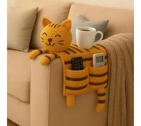 Handmade Crochet Cat Dog Sofa Arm Organizer, Cute Cozy Armrest Caddy with Cup Holder & Multiple Pockets, No-Slip Storage for Remote, Phone, Treats, Cup Organizer-B