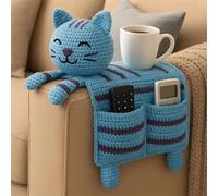 Handmade Crochet Cat Dog Sofa Arm Organizer, Cute Cozy Armrest Caddy with Cup Holder & Multiple Pockets, No-Slip Storage for Remote, Phone, Treats, Cup Organizer-A