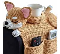 Handmade Crochet Cat Dog Sofa Arm Organizer, Cute Cozy Armrest Caddy with Cup Holder & Multiple Pockets, No-Slip Storage for Remote, Phone, Treats, Cup Organizer-C