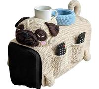 Handmade Crochet Cat Dog Sofa Arm Organizer, Cute Cozy Armrest Caddy with Cup Holder & Multiple Pockets, No-Slip Storage for Remote, Phone, Treats, Cup Organizer-D