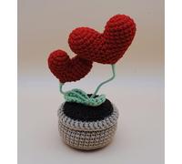 Handmade Crochet Double Heart Plant, Red Hearts with Green Stems, Decorative Home Accent in Knitted Pot, Valentine's Day Gift