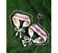 Handmade Crochet Ear Warmer Headband, White with Pink and Purple Floral Detail, Tie Closure, set of 2