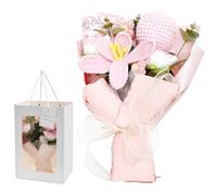 Handmade Crochet Flower Bouquet Exquisite Knitted Flowers Bouquet with Present Bag 28x20x6cm Finished Crochet Flowers as Gifts for Anniversary Graduation Outdoor Home Decor Wedding Birthday(pink)
