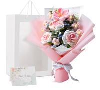 Handmade Crochet Flower Bouquet Pink Knitted Roses & Tulips with Gift Box | Vibrant flower gifts with adjustable yarn stems & eucalyptus, these crocheted flowers offer lasting elegance for room decor.