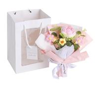 Handmade Crochet Flower Bouquet with Pink-White Rose and Puff Flowers, Faux Knitted Floral Decor with Gift Bag and LED Strip