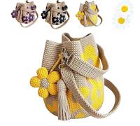 Handmade Crochet Flower Tote, Boho Crochet Bag with 3D Floral Pattern & Wooden Bead Handle, Lightweight Cotton Yarn Tote for Beach, Travel, Daily Shopping, Unique Gift for Women (yellow)