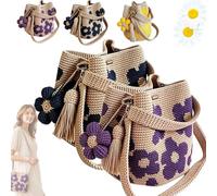 Handmade Crochet Flower Tote, Boho Crochet Bag with 3D Floral Pattern & Wooden Bead Handle, Lightweight Cotton Yarn Tote for Beach, Travel, Daily Shopping, Unique Gift for Women (2*A)