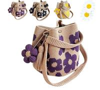 Handmade Crochet Flower Tote, Boho Crochet Bag with 3D Floral Pattern & Wooden Bead Handle, Lightweight Cotton Yarn Tote for Beach, Travel, Daily Shopping, Unique Gift for Women (Purple)