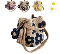 Handmade Crochet Flower Tote, Boho Crochet Bag with 3D Floral Pattern & Wooden Bead Handle, Lightweight Cotton Yarn Tote for Beach, Travel, Daily Shopping, Unique Gift for Women (blue)