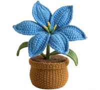 Handmade Crochet Flowers Pot Featuring Lily Bouquet Pattern for Decorative Table Centerpiece Milk Cotton Build (Blue)