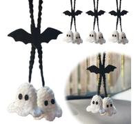 Handmade Crochet Ghost Car Charm, Halloween Ghosts Hanging Ornaments,Swinging Ghosts Charm Car Rear View Mirror Charm Ornaments Cute Car Pendant Interior Decor