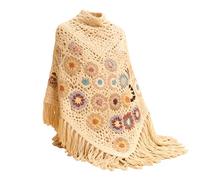 Handmade Crochet Granny Square Poncho & Boho Shawl in Beige & Black, Women's Vintage Tassel Scarf for Festival & Beach, Beige, One size
