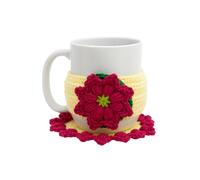 Handmade Crochet Mug Cozy and Coaster Set, Cotton Yarn, Pink Flower on Yellow, 2 Piece Set with Matching Round Coaster, Tea and Coffee Accessories