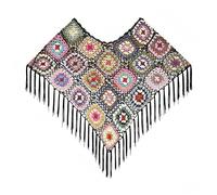 Handmade Crochet Poncho Shawl, Colorful Granny Square Pattern with Fringe, Boho Style,Crochet triangle scarf, Black, 23