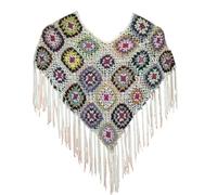 Handmade Crochet Poncho Shawl, Colorful Granny Square Pattern with Fringe, Boho Style,Crochet triangle scarf, White, 23