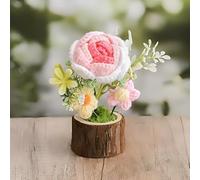 Handmade Crochet Potted Plants, Knitted Sunflower & Rose Artificial Flowers, Mini Faux Plants for Desk Decor, Aesthetic Crochet Flower Bouquet Gift for Women - Pink Rose