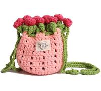 Handmade Crochet Rose Drawstring Bag Romantic Flower Bouquet Crossbody Purse for Women Kawaii Floral Knit Satchel Handbag(Pink)
