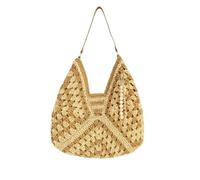 Handmade Crochet Shoulder Bag with Charm - Boho Woven Tote Purse for Women - Natural Straw-Style Bag with Red Crochet Flower Keychain