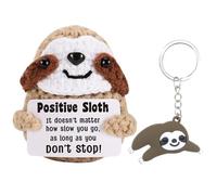 Handmade Crochet Sloth with Keyring - Cute Positive Animal Knitted Plush Doll with Encouraging Support Card - Funny Gift for Office Home Decor