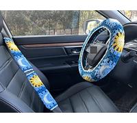 Handmade Crochet Sun and Moon Car Steering Wheel Covers Universal 14-15 inch for Women and Men (Steering Wheel Cover+2 Belt Cover)